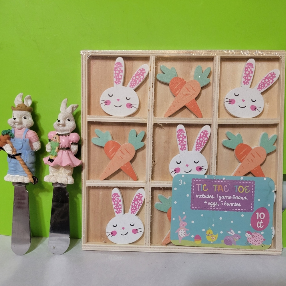 Boston Warehouse Pair of Easter Bunny Spreaders & Wood Easter Theme Tic Tac Toe